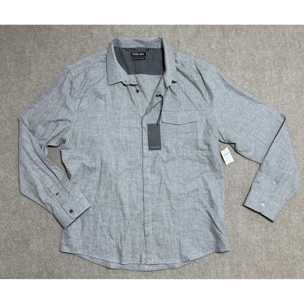 Stitch Note Shirt Mens XL Grey Button Up Long Sleeve‎ 100% Cotton Pocket Casual